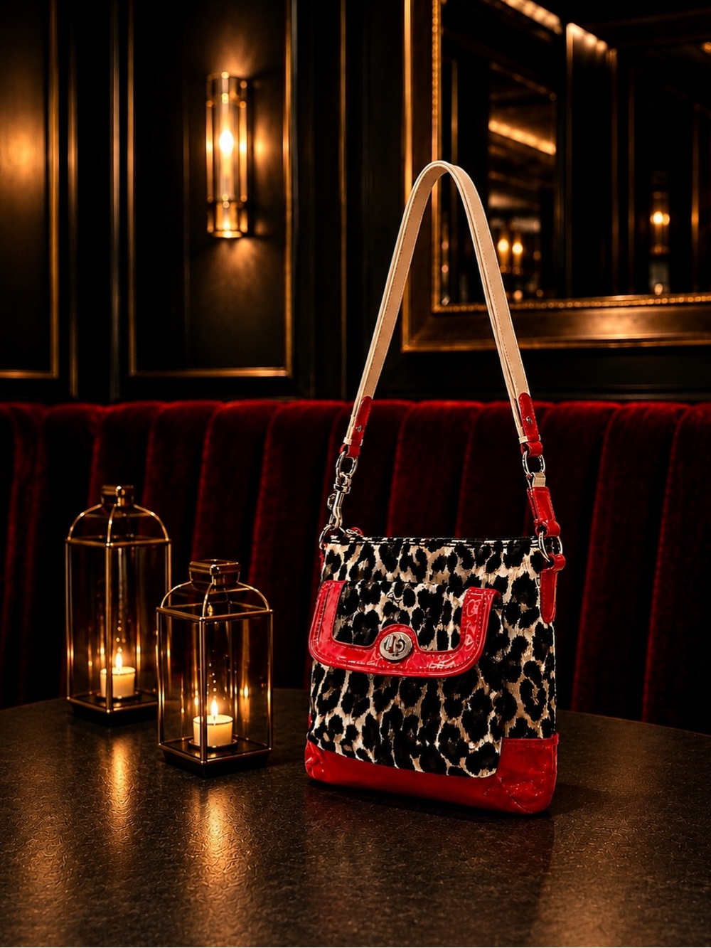 COACH Park Ocelot Print Swingpack Crossbody Bag — Red Patent Turnlock